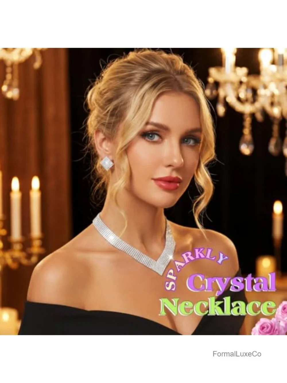 Rhinestone V-Shaped Collar Necklace and Earrings Set with Rings